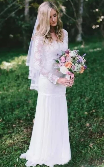 Country Bohemian Full Lace Sheer Long Sleeves Sweep Train Wedding Dress