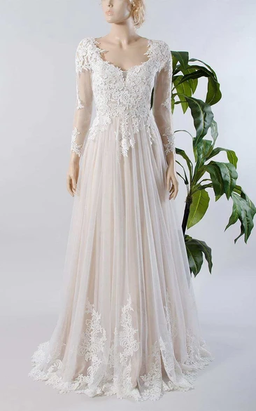 V-Neck Illusion Long Sleeve Lace Appliqued Tulle A-Line Pleated Wedding Dress