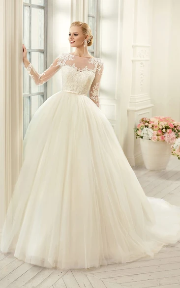 Ball Gown Floor-Length Jewel Long-Sleeve Illusion Tulle Lace Dress With Appliques