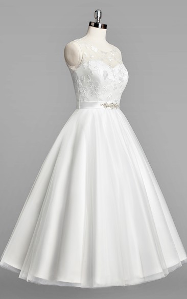 Scoop Neck Sleeveless A-Line Tulle Tea-Length Wedding Dress With Beaded Sash