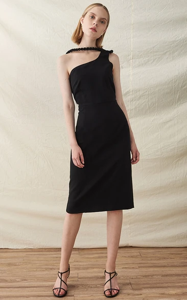 Modern One-shoulder Pencil Jersey Knee-length Sleeveless Cocktail Dress with Split Back