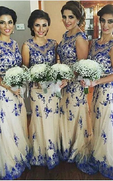 Newest Lace Appliques Illusion Bridesmaid Dress Sweep Train