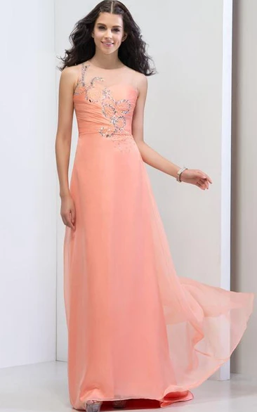 Sheer Neck Pleats Beading Sequins Prom Dress