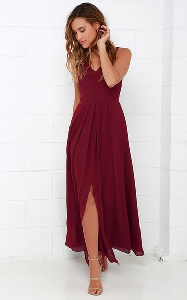 Chiffon Long Simple Sleeveless Dress With Front Split