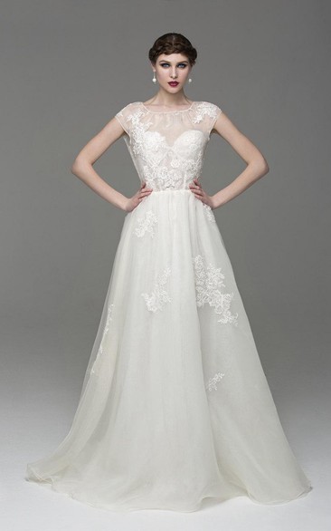 Cap Sleeve A-Line Lace-Appliqued Tulle Dress With Bateau Neck and Keyhole Back