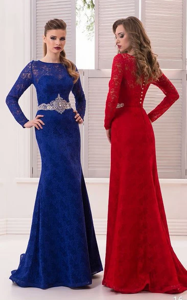 Mermaid Floor-Length Sweep High-Neck Long Sleeve Lace Beading Pleats Button Dress