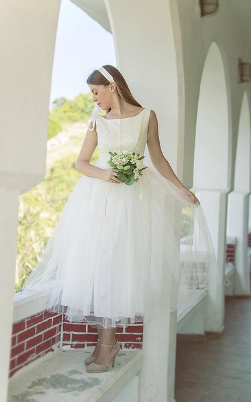 Tulle Tea Length Sleeveless Bateau Neck Dress With Beadings and Low-V Back