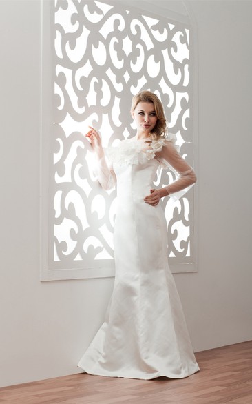 Satin Mermaid Illusion Neckline and Gown With Floral Embellishment