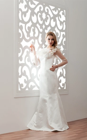 Satin Mermaid Illusion Neckline and Gown With Floral Embellishment