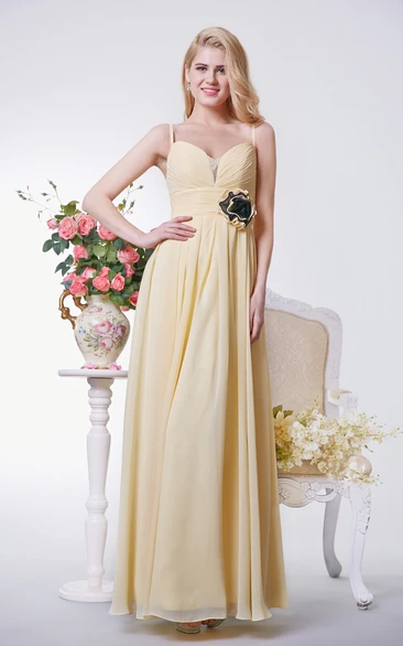 A-line Ruched Long Chiffon Dress With Spaghetti Straps