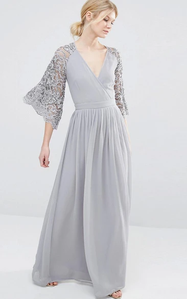 V-Neck Bell Sleeve Lace Chiffon Bridesmaid Dress With Pleats