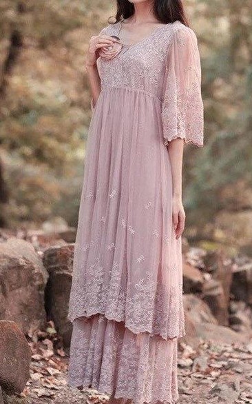 Lace Dress With Tiers&Flower&Embroideries