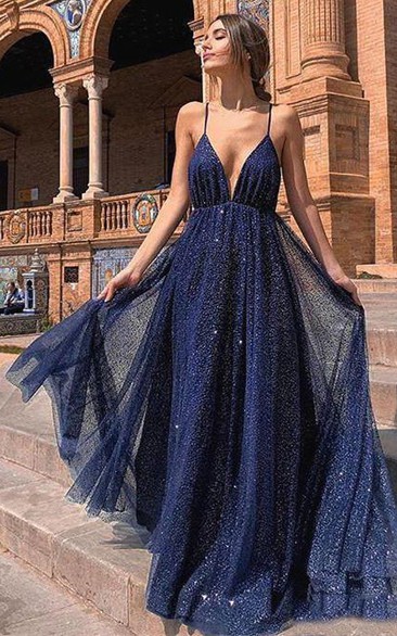 Sequins Floor-length Sweep Train A Line Sleeveless Casual Prom Dress