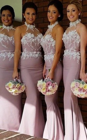 Newest Halter Sleeveless Mermaid Bridesmaid Dress Lace Appliques