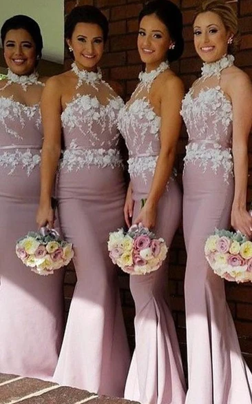 Newest Halter Sleeveless Mermaid Bridesmaid Dress Lace Appliques