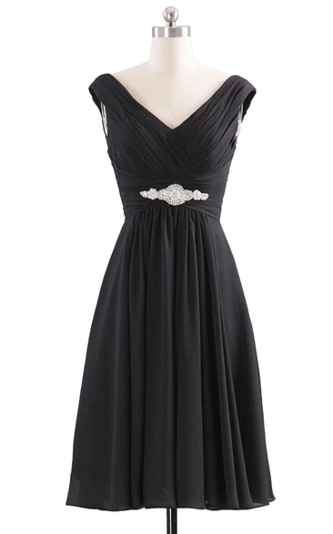 V-neckline Pleated Basque Waist Dress With Crystal