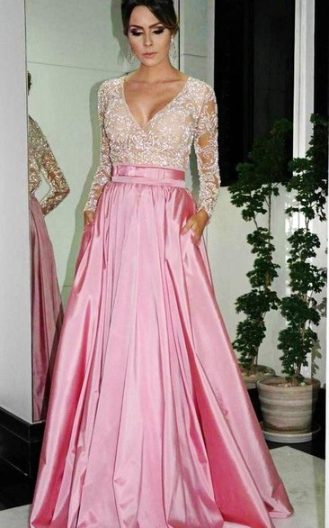 Elegant A-Line V-neck Prom Dresses Long Sleeve Evening Dresses With Beadings