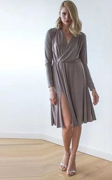 V Neck Long Sleeve Jersey Knee Length Dress With Side Split