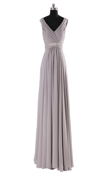 Sleeveless V-neck Long Empire Beaded Chiffon Dress