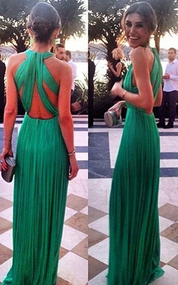 Elegant Green Long Chiffon Evening Dress Halter Cross Back