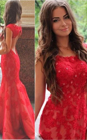 Sexy Red Lace Appliques Mermaid Evening Dress Sweep Train Jewel