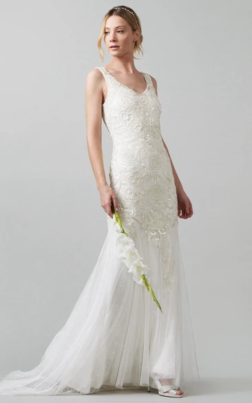 Sheath Sequined V-Neck Sleeveless Tulle Wedding Dress With Beading