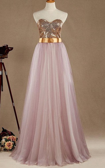 Maxi Strapped Sweetheart Tulle&Satin Dress With Sequins