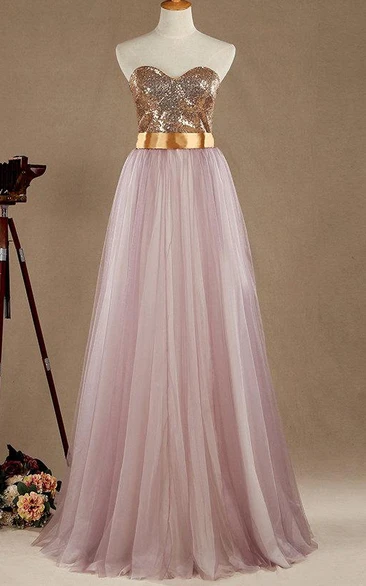 Maxi Strapped Sweetheart Tulle&Satin Dress With Sequins