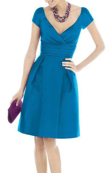 Cap Sleeve V-neck Short Satin Dress with Pleats