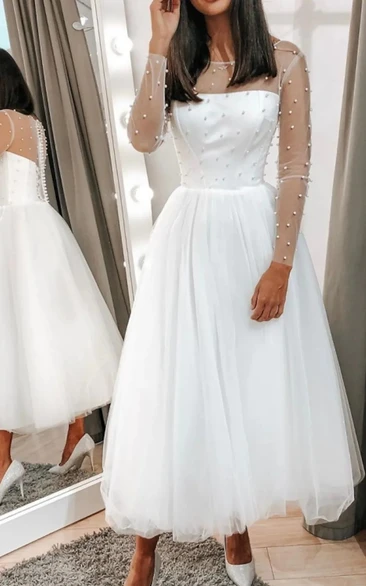 Modest Bateau A Line Tea-length Long Sleeve Wedding Dress With Beading