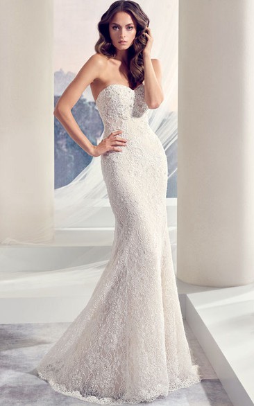 Sweetheart Long Beaded Lace Wedding Dress With Sweep Train