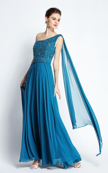 A-Line Floor-length One-shoulder Chiffon Sleeveless Prom Dress with Beading and Draping