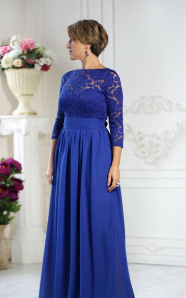 Bateau Lace 3-4 Sleeve A-line Pleated Chiffon Long Dress