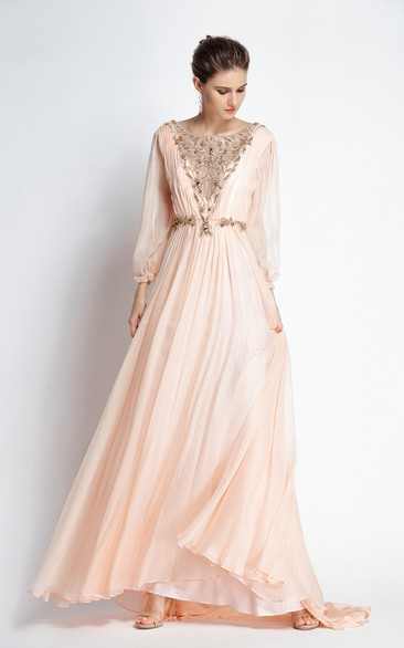 A-Line Floor-length Sweep Brush Train Bateau Chiffon Long Sleeve Prom Dress with Beading and Pleats