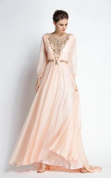 A-Line Floor-length Sweep Brush Train Bateau Chiffon Long Sleeve Prom Dress with Beading and Pleats