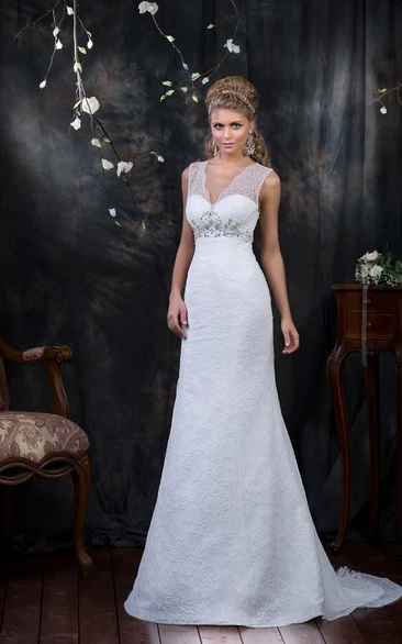 V-neck Sheath Lace Wedding Dress With Beading And Sash 