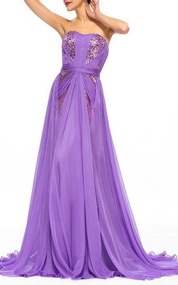 Charming A-Line Strapless Sequins Pleats Long Prom Dress
