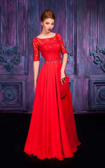 A-line Floor-length Jewel Half Sleeve Chiffon Zipper Dress