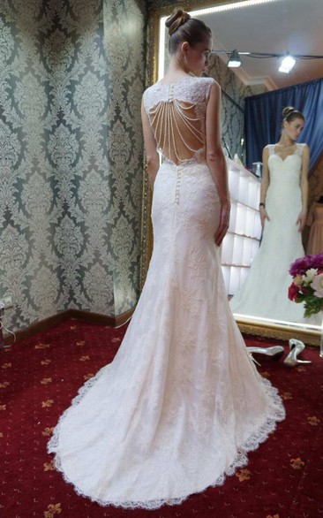 Sleeveless Lace A-Line Wedding Dress With Beaded Keyhole Back