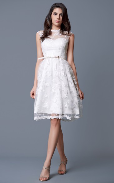 Cap-sleeved Bateau Neckline A-line Short Lace Dress