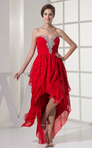 Sweetheart High-Low Jeweled Rhinestone and Dress With Ruffles