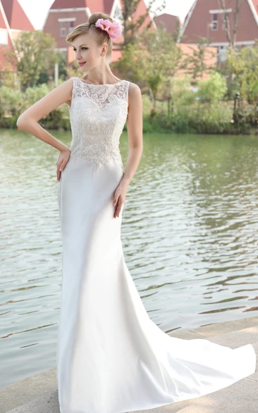Bateau-Neck Satin Sheath Dress With Laced Top