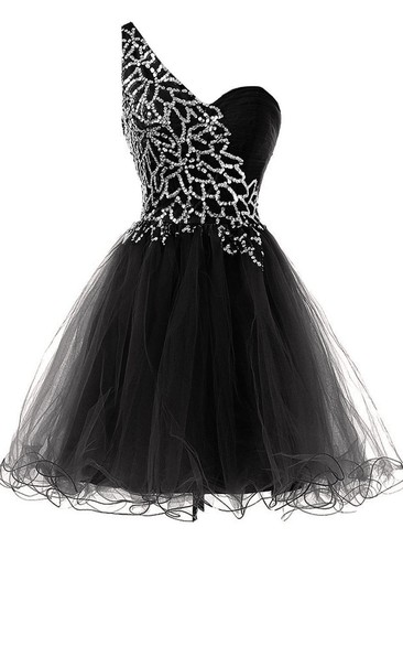 One-shoulder Short A-line Layered Dress With Beadings