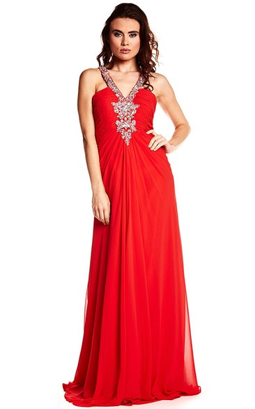 V-Neck Beaded Sleeveless Chiffon Prom Dress With Ruching And Straps