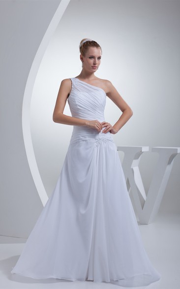 One-Shoulder Floor-Length Ruched Sweep Train and Dress With Appliques