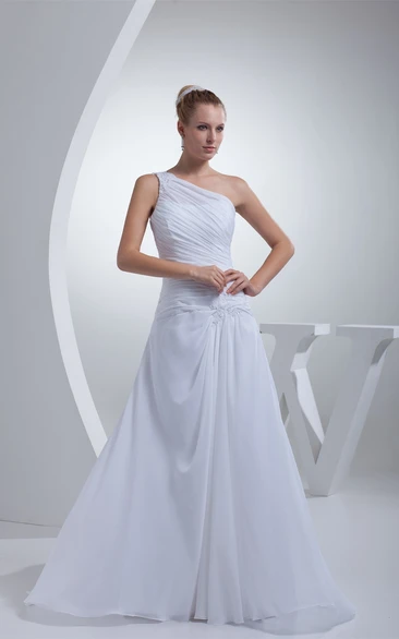 One-Shoulder Floor-Length Ruched Sweep Train and Dress With Appliques