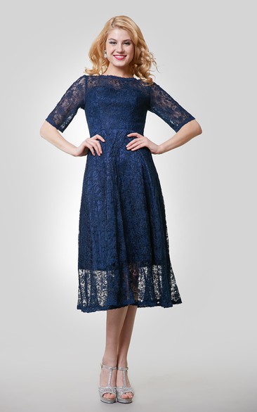 Half Sleeve Lace Tea Length Dress With Jewel Neckline