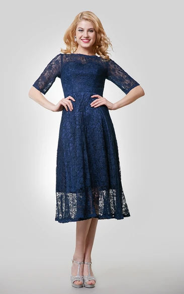 Half Sleeve Lace Tea Length Dress With Jewel Neckline