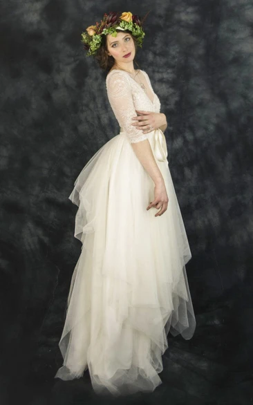 Vintage Tulle Lace V-Neck Half Sleeve Dress With Bow Draping