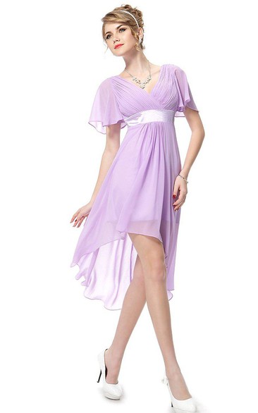 Short-sleeved Asymmetrical Chiffon Dress With Pleats